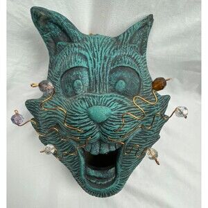 Whimsical Cat Face Hanging Bird Feeder House Blue Ceramic 11"x7" Yard‎ Decor